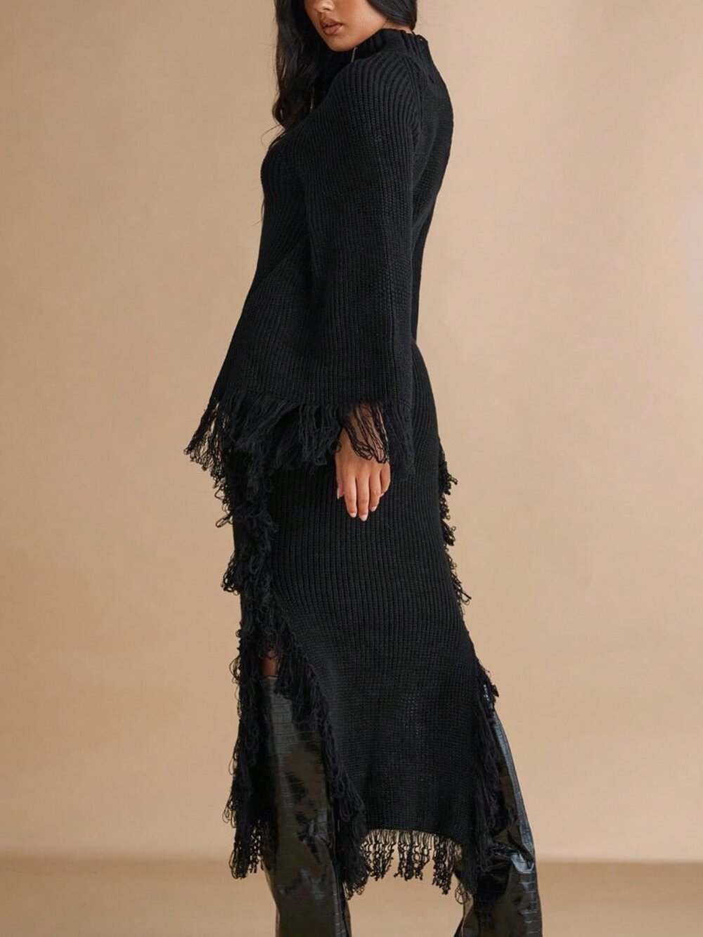 Black Casual Women's Turtleneck Fringe Cuff Fitted Knit Dress - Picture 2 of 7